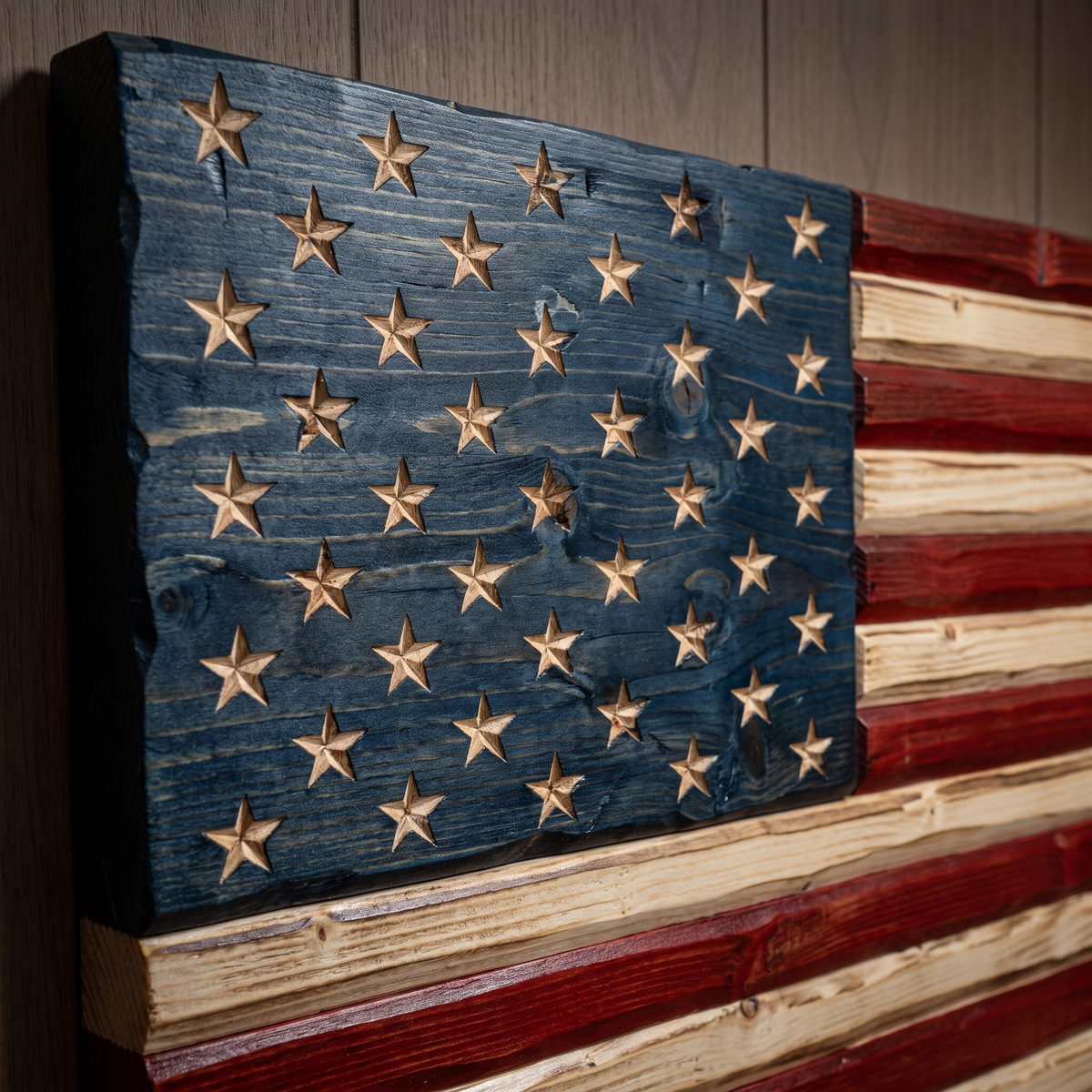Close-up of the hand-carved 50-star field