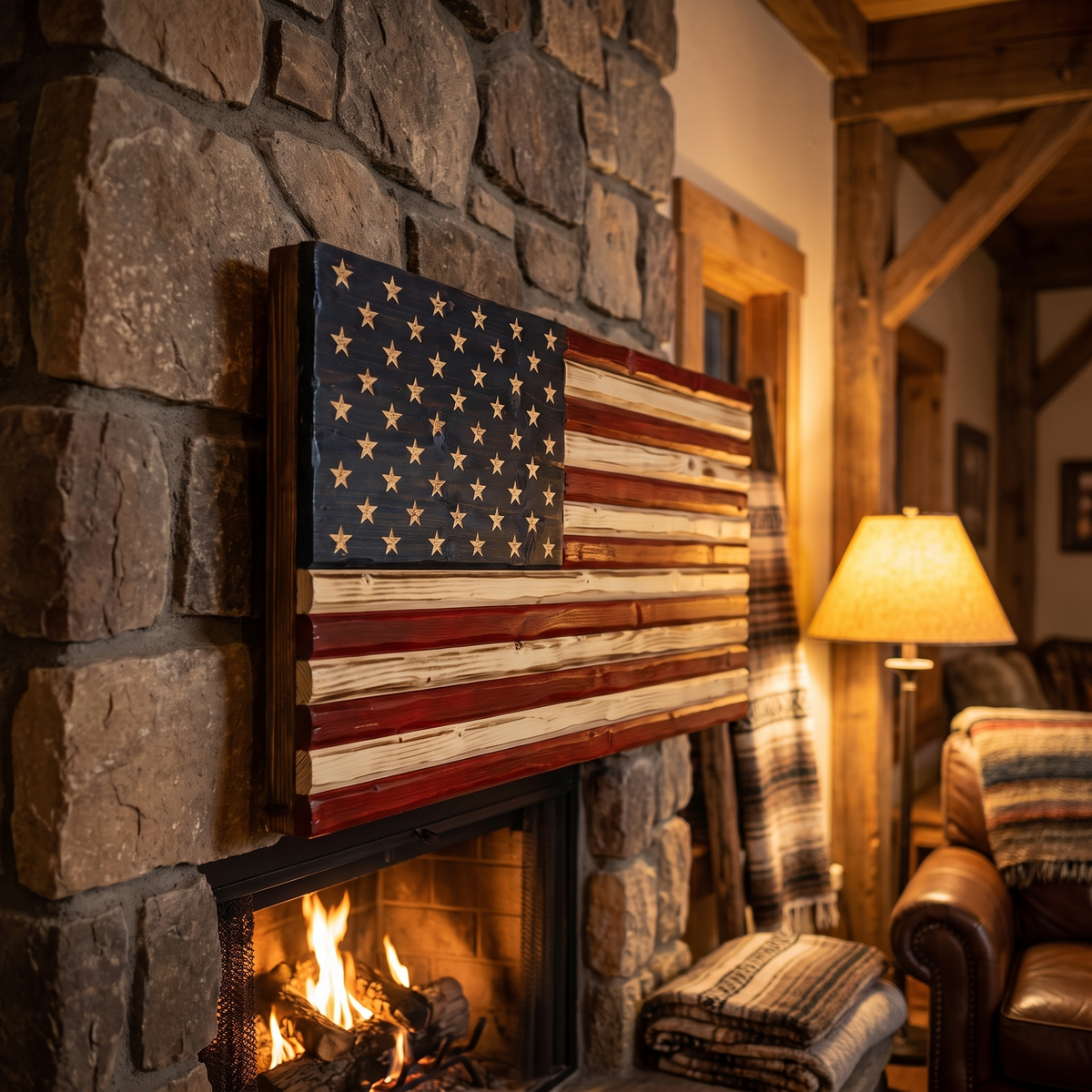 Wooden American flag mounted in a cozy living room