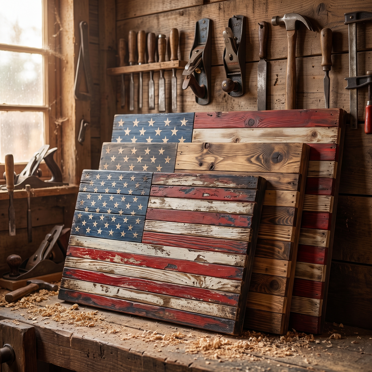Three handcrafted wooden flags stacked in the workshop