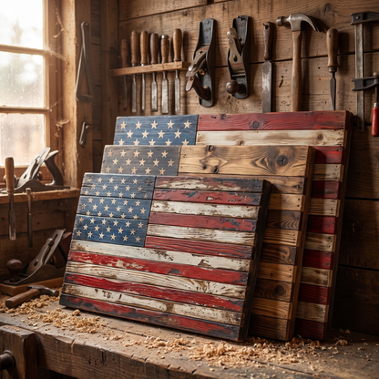 Three handcrafted wooden flags stacked in the workshop