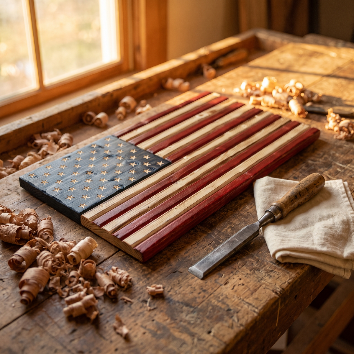 Wooden American flag on the workbench among wood shavings
