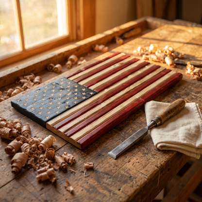 Wooden American flag on the workbench among wood shavings