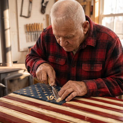 Earl carving a star into the blue canton with a chisel