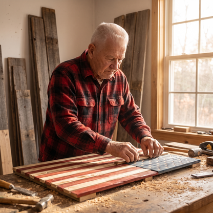 Earl laying out the thirteen wooden slats of the flag at his workbench