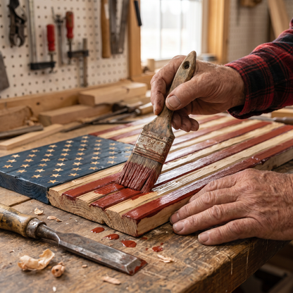 Hand-painting and distressing the red stripes of the wooden flag with a brush