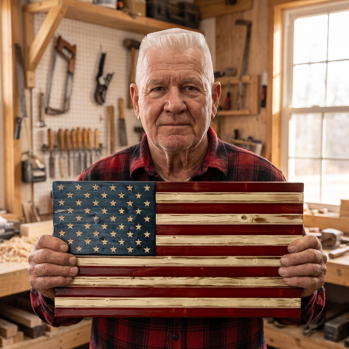 Earl Maddox holding the finished hand-carved wooden American flag in his workshop