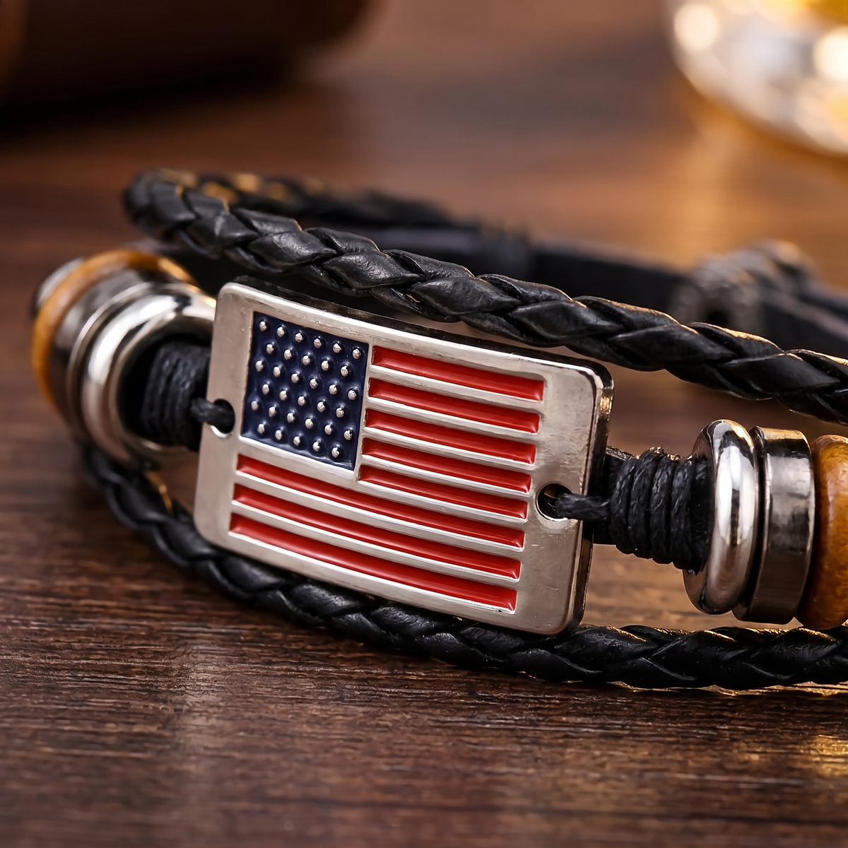 Close-up of the enameled steel American flag and braided leather