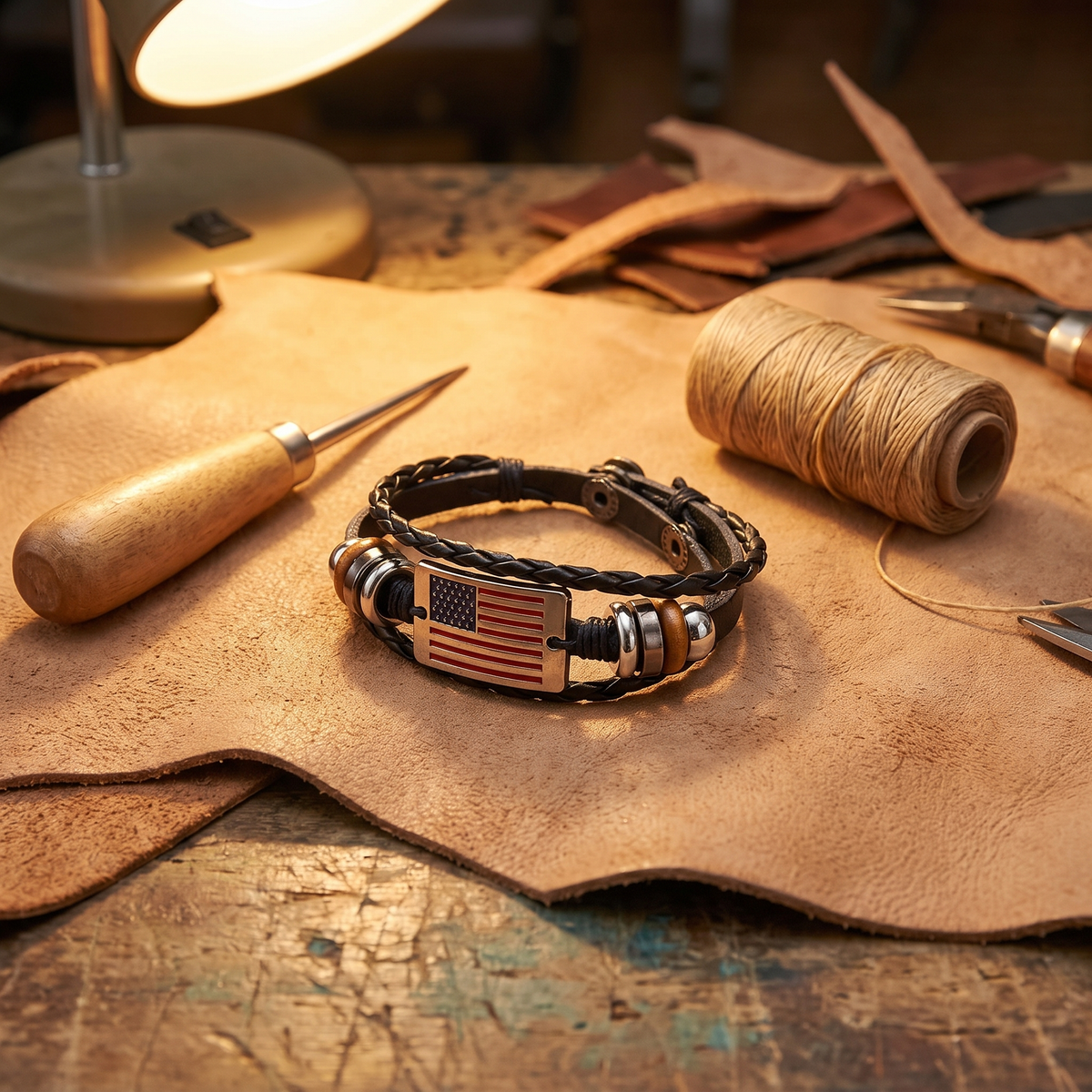 American flag bracelet on leather hide with leatherworking tools