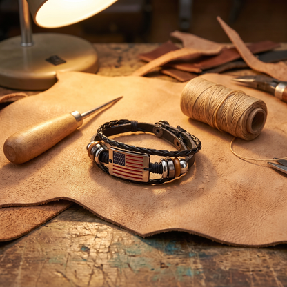 American flag bracelet on leather hide with leatherworking tools