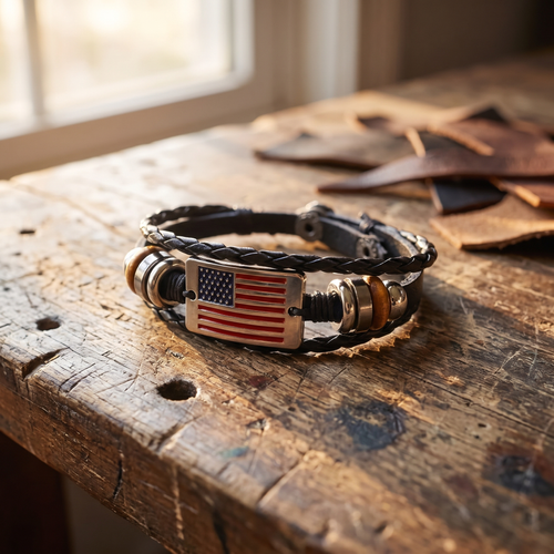 Wade's hand-braided American flag leather bracelet on a workbench