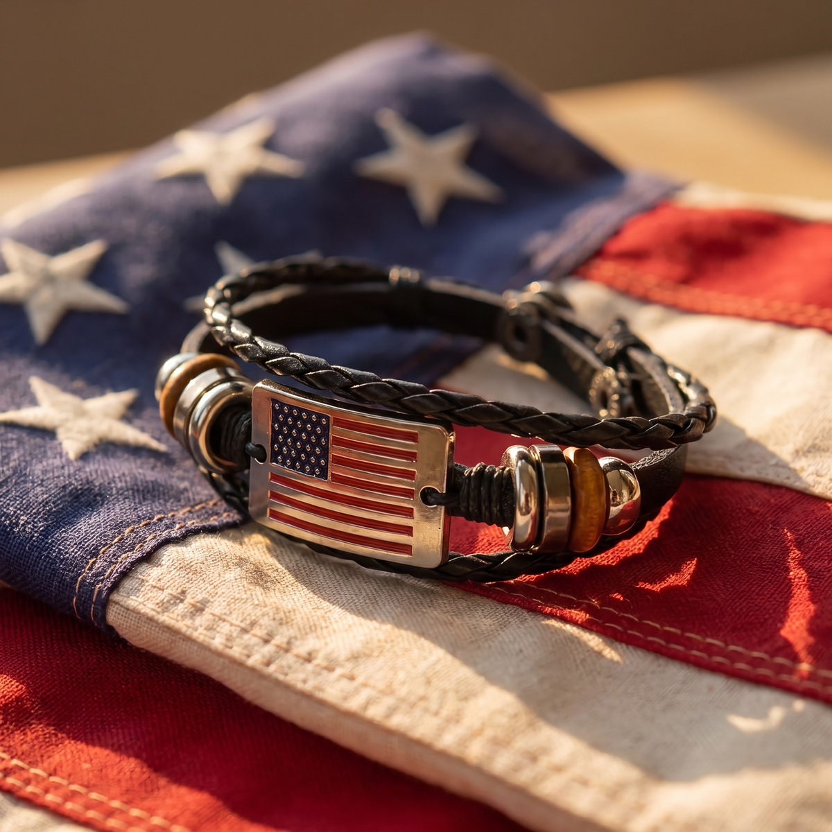 American flag bracelet resting on a folded US flag