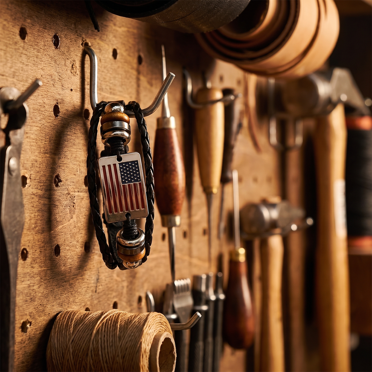 American flag bracelet hanging on a workshop pegboard