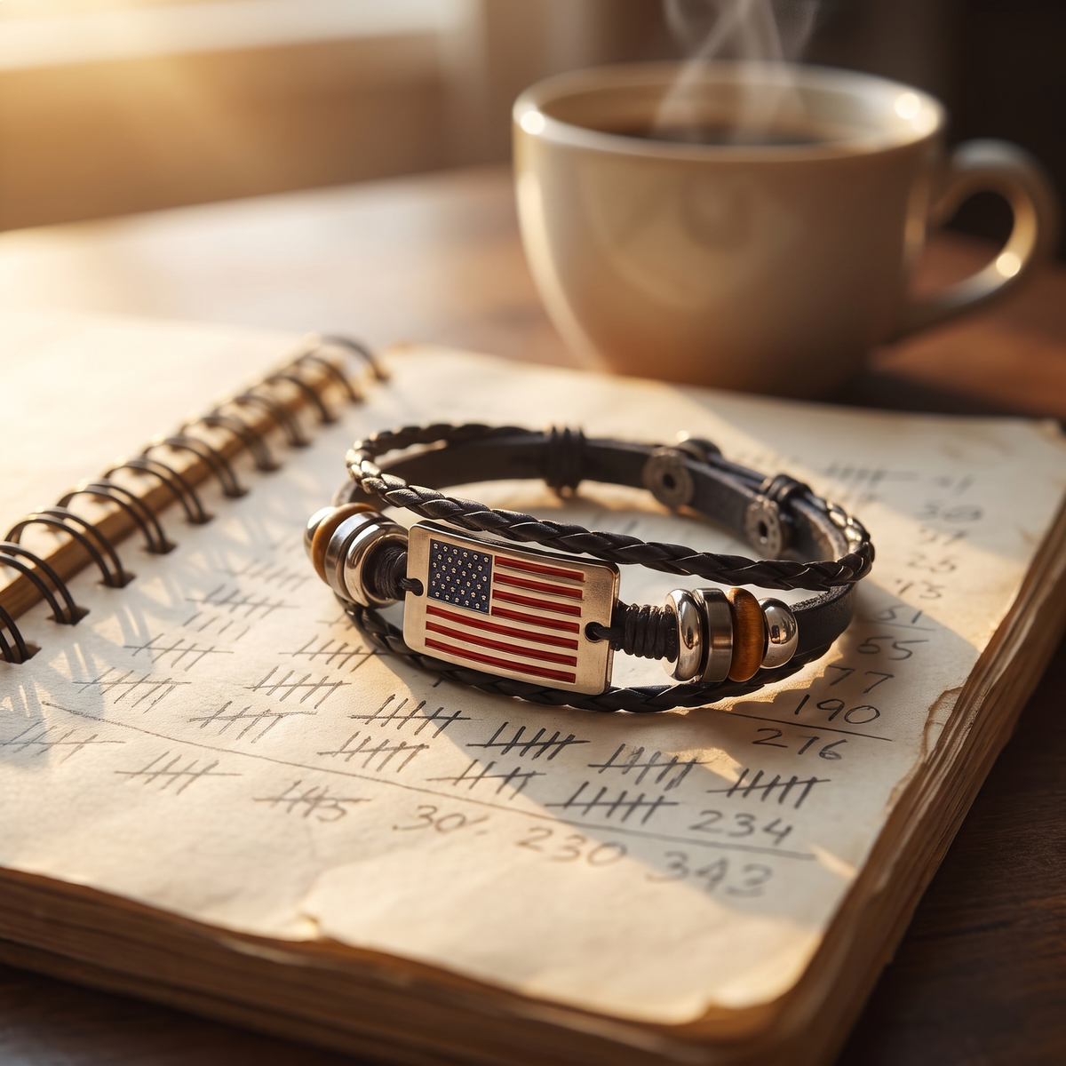 American flag bracelet on a worn tally notebook with coffee