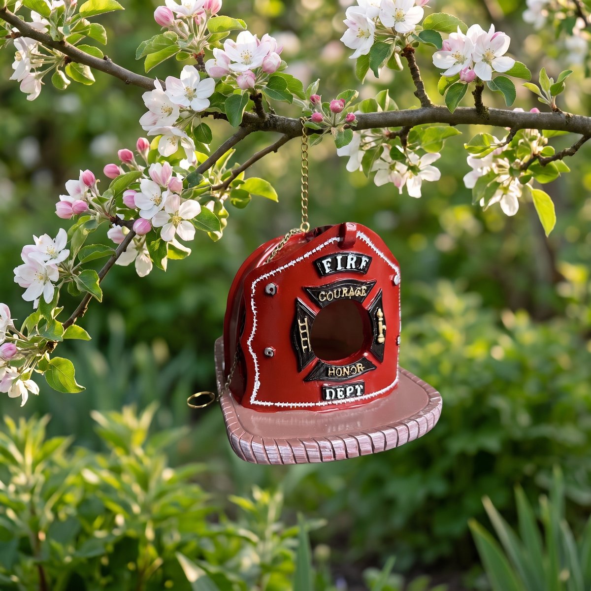 Firefighter helmet birdhouse hanging from a blossoming apple branch