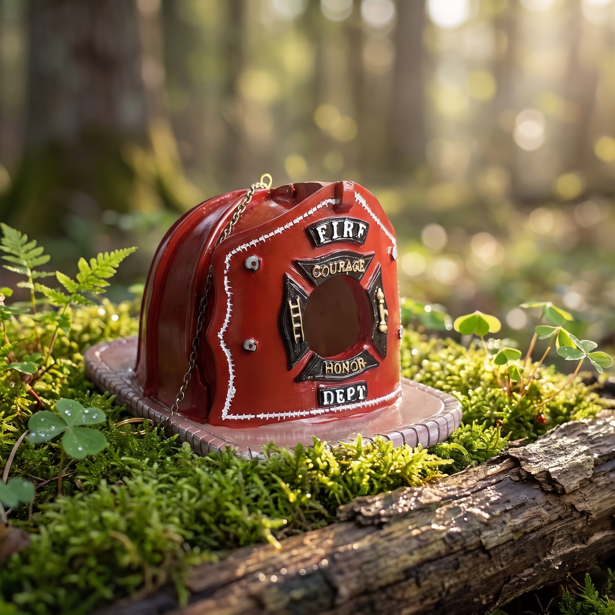 Firefighter helmet birdhouse on garden moss and log