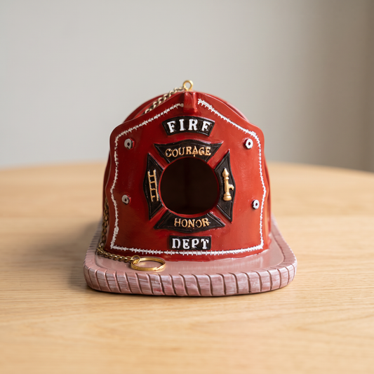 Firefighter helmet birdhouse front view, red with gold Maltese cross