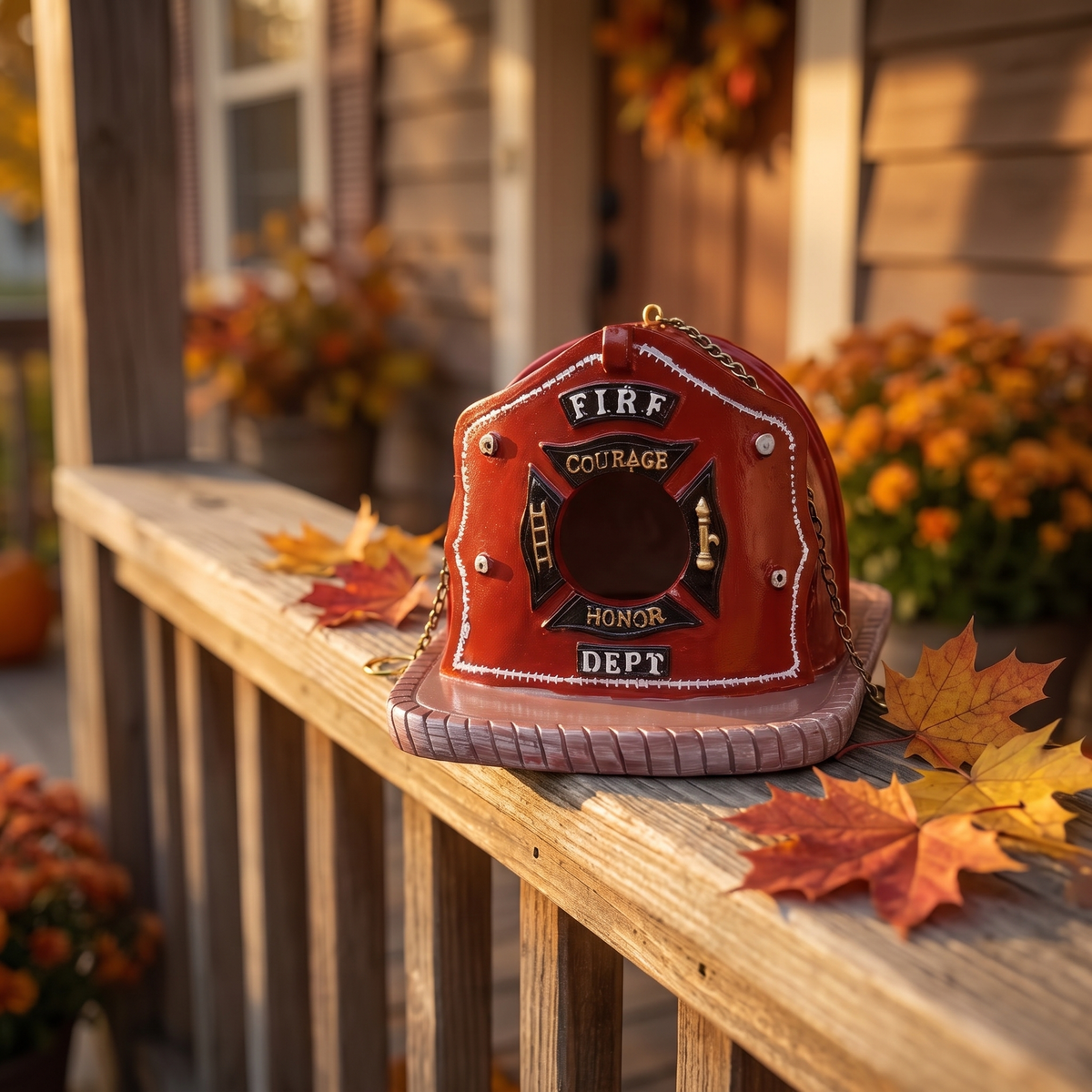 Firefighter helmet birdhouse on a porch railing with autumn leaves