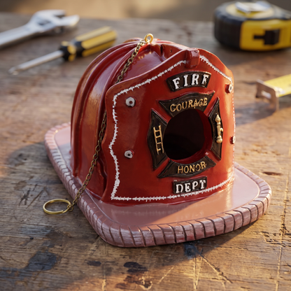 Firefighter helmet birdhouse three-quarter view on a workbench