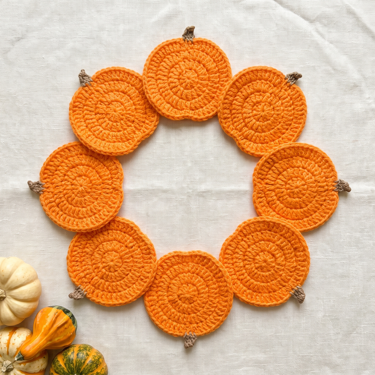 All eight flat round pumpkin-orange crocheted coasters arranged in a circle
