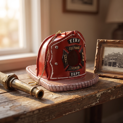 Firefighter helmet birdhouse on an indoor shelf