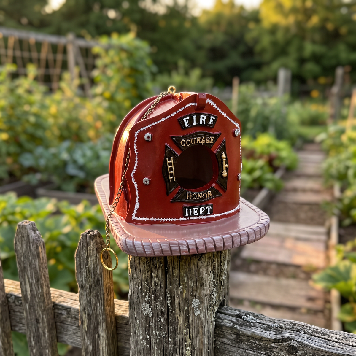 Firefighter helmet birdhouse on a garden fence post