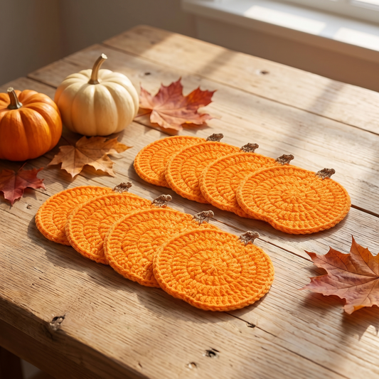 Set of 8 flat round hand-crocheted pumpkin coasters fanned out on an oak table with mini pumpkins