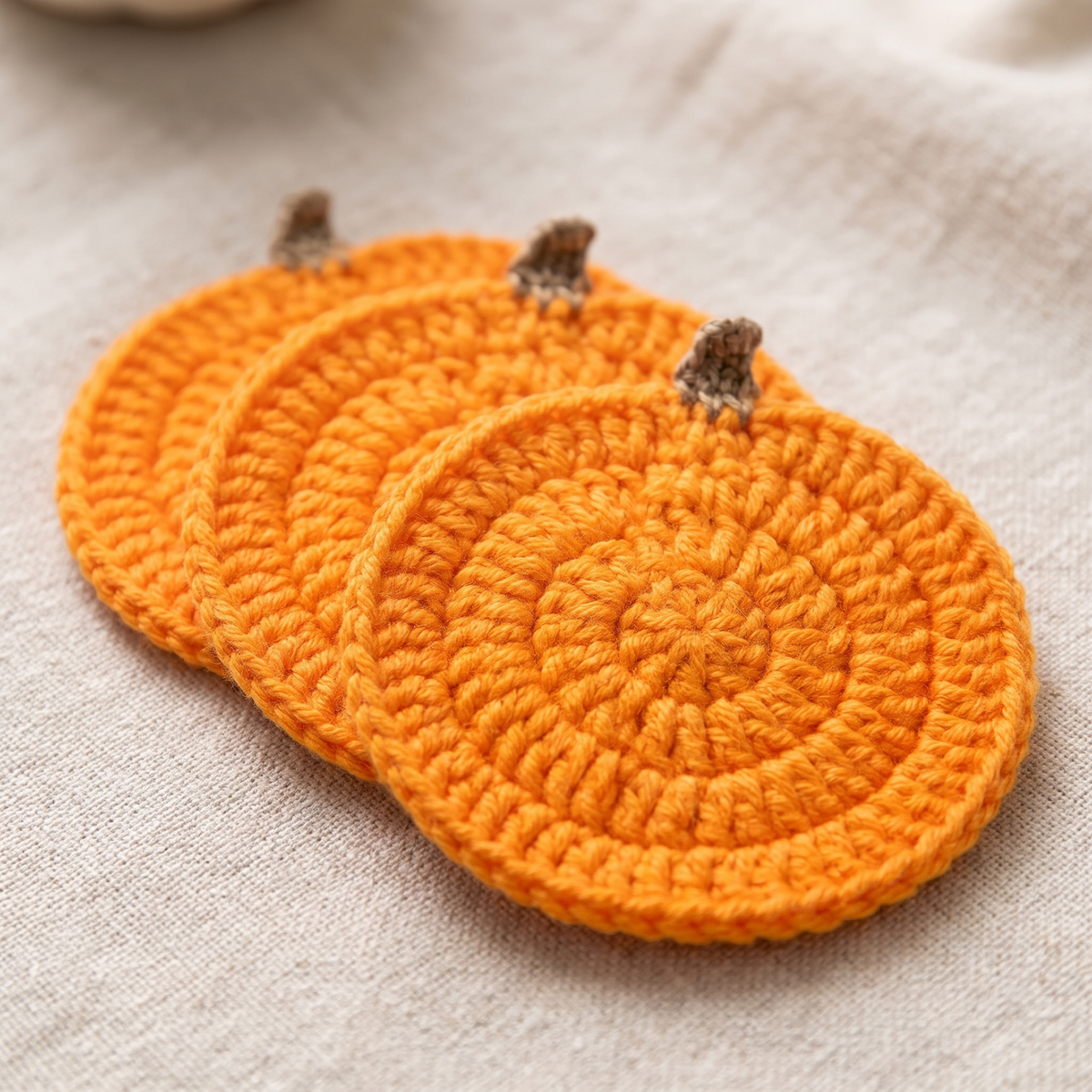 Macro close-up of three flat round crocheted coasters showing concentric rings and twine stem