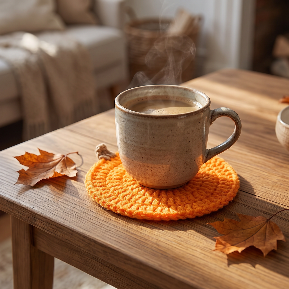 A flat round pumpkin coaster under a steaming mug of coffee by a window