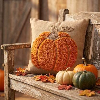 Orange hand-tufted pumpkin cushion cover on a rustic bench with real pumpkins