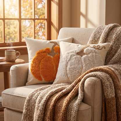 Pumpkin cushion covers styled on a linen armchair with a knit throw