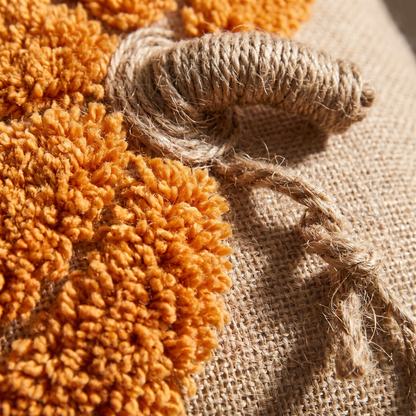 Macro close-up of the tufted pile and coiled jute rope stem