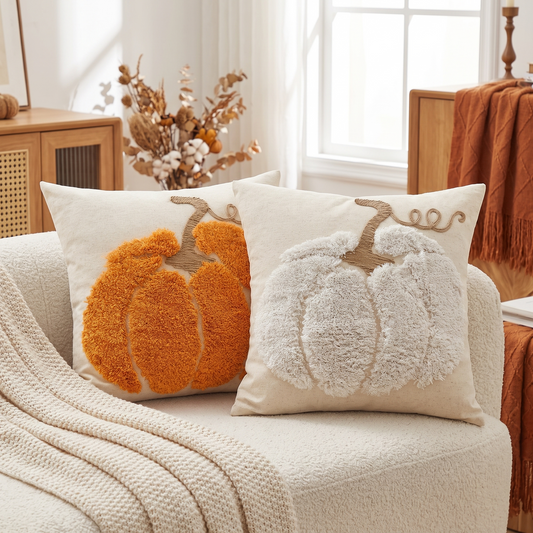 Orange and cream hand-tufted pumpkin cushion covers on a boucle sofa