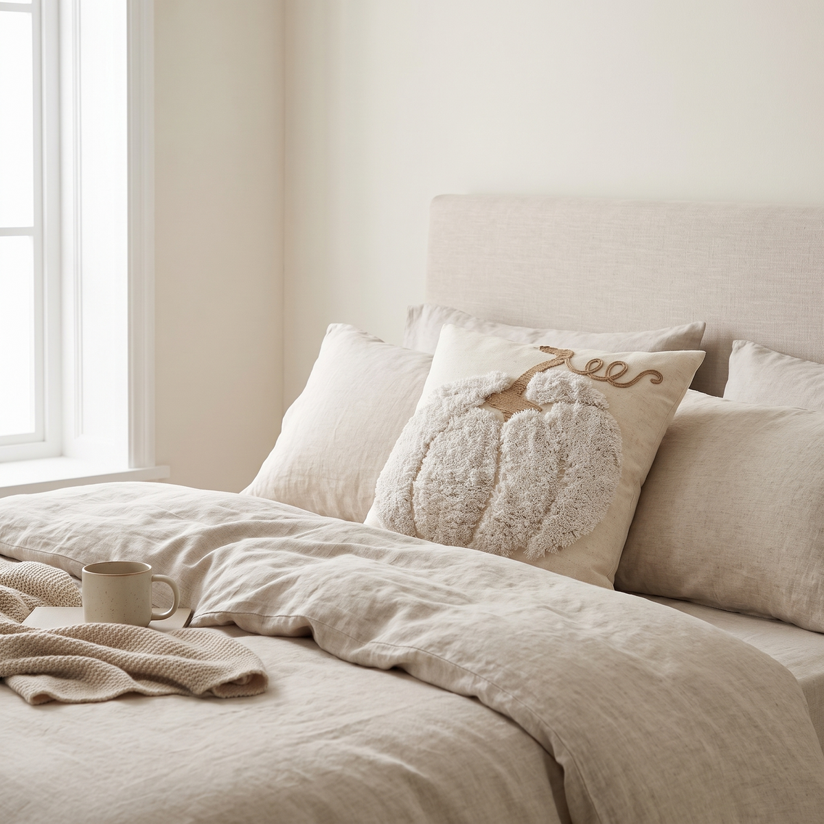 Natural cream hand-tufted pumpkin cushion cover on neutral linen bedding