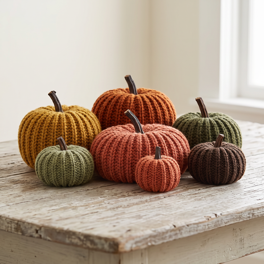 Six hand-knit harvest pumpkins in autumn colors with real twig stems on a wooden table