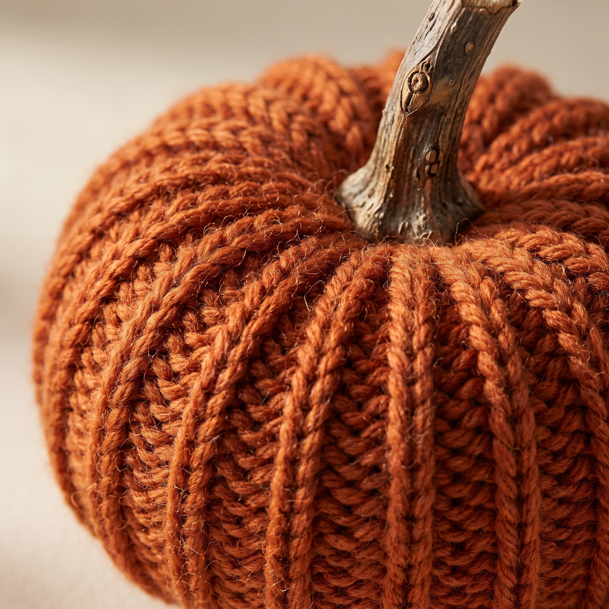 Close-up of a burnt-orange hand-knit pumpkin showing deep rib texture and a real twig stem
