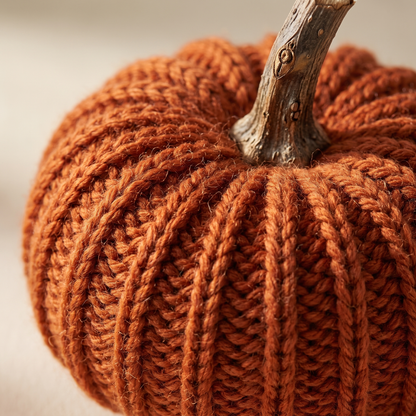 Close-up of a burnt-orange hand-knit pumpkin showing deep rib texture and a real twig stem