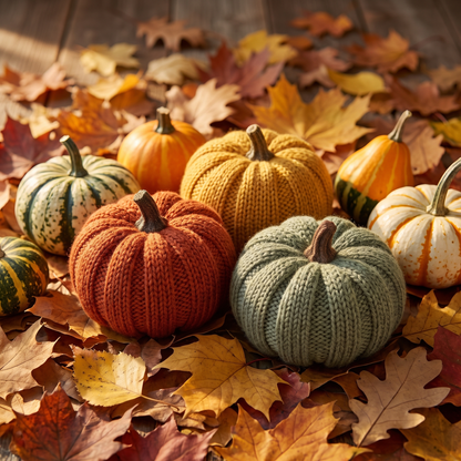 Knit pumpkins resting on autumn leaves with a few real mini gourds