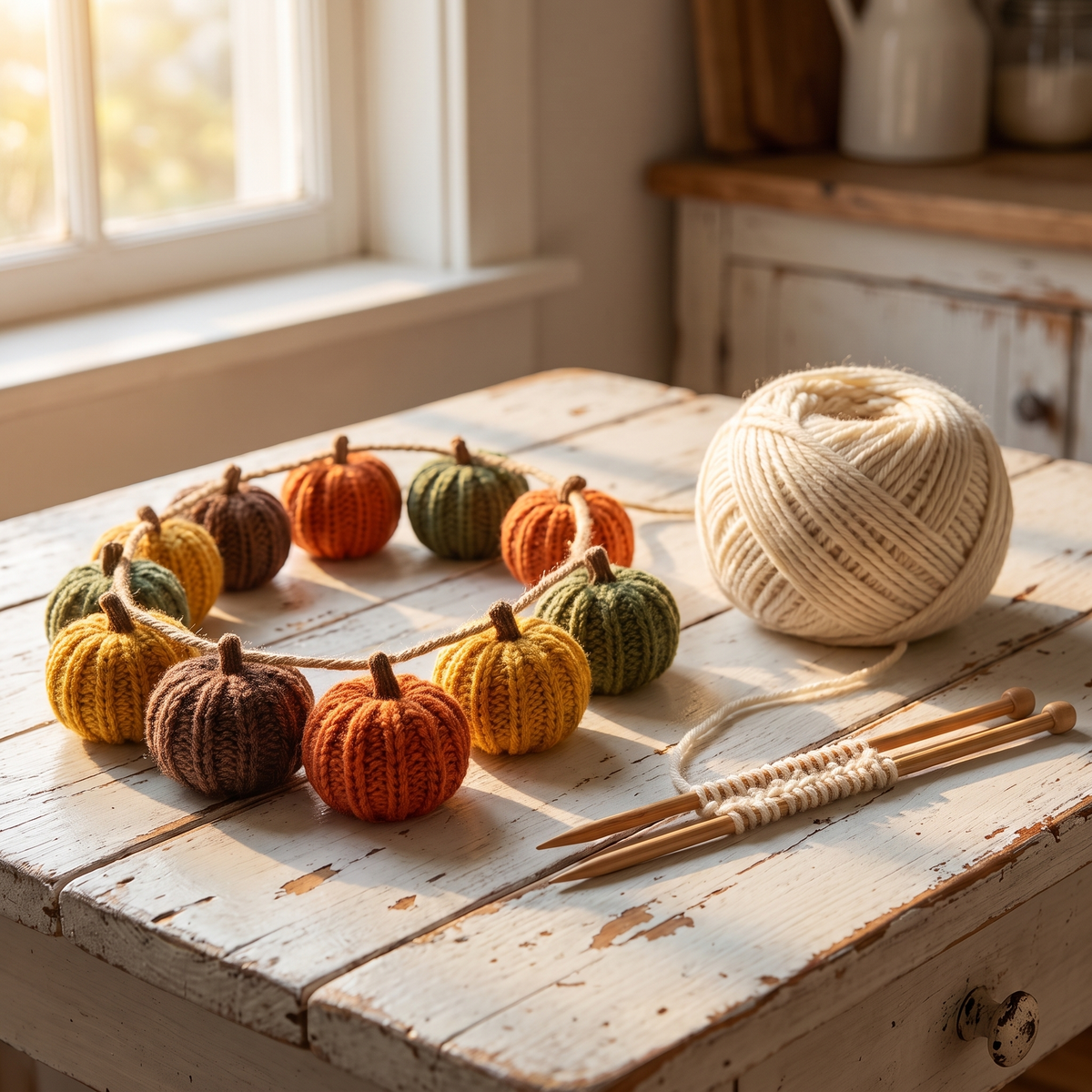 Knit pumpkin garland on natural jute twine with a ball of wool and knitting needles