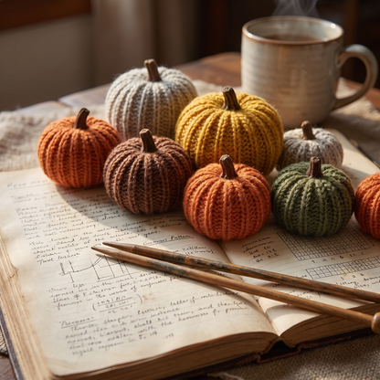 Knit pumpkins resting on an open knitting notebook with wooden needles and a mug