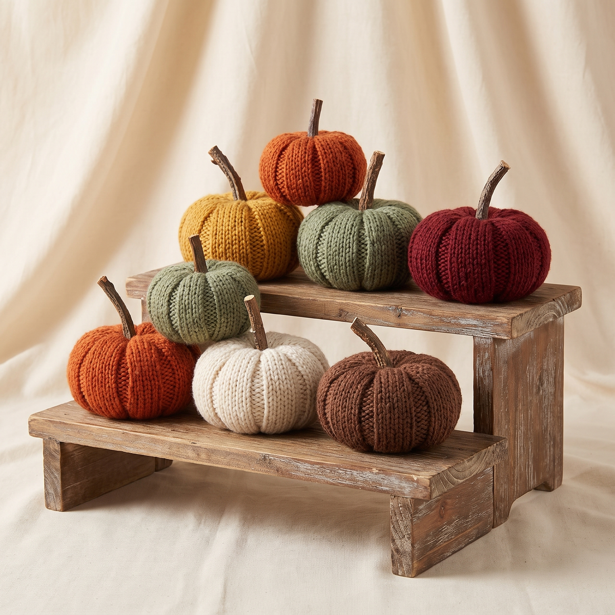 The full six-hue set of hand-knit pumpkins on a tiered wooden riser