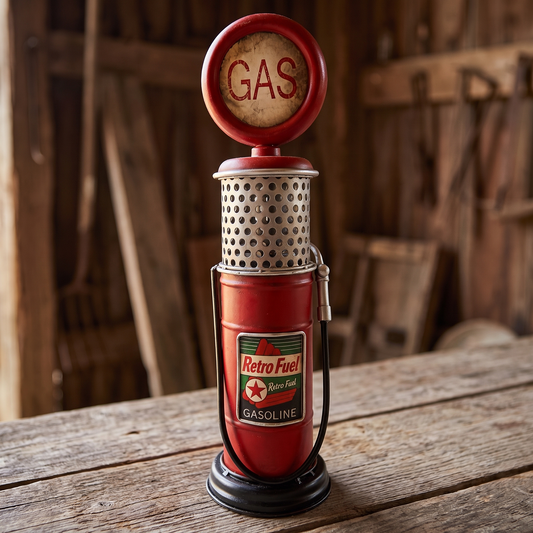 Henning Dawson's hand-built Route 66 gas pump coin bank on weathered wood