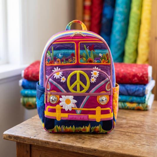 Sandy's Handquilted Hippie Bus Backpack - front view with VW bus motif, peace sign and sunflowers
