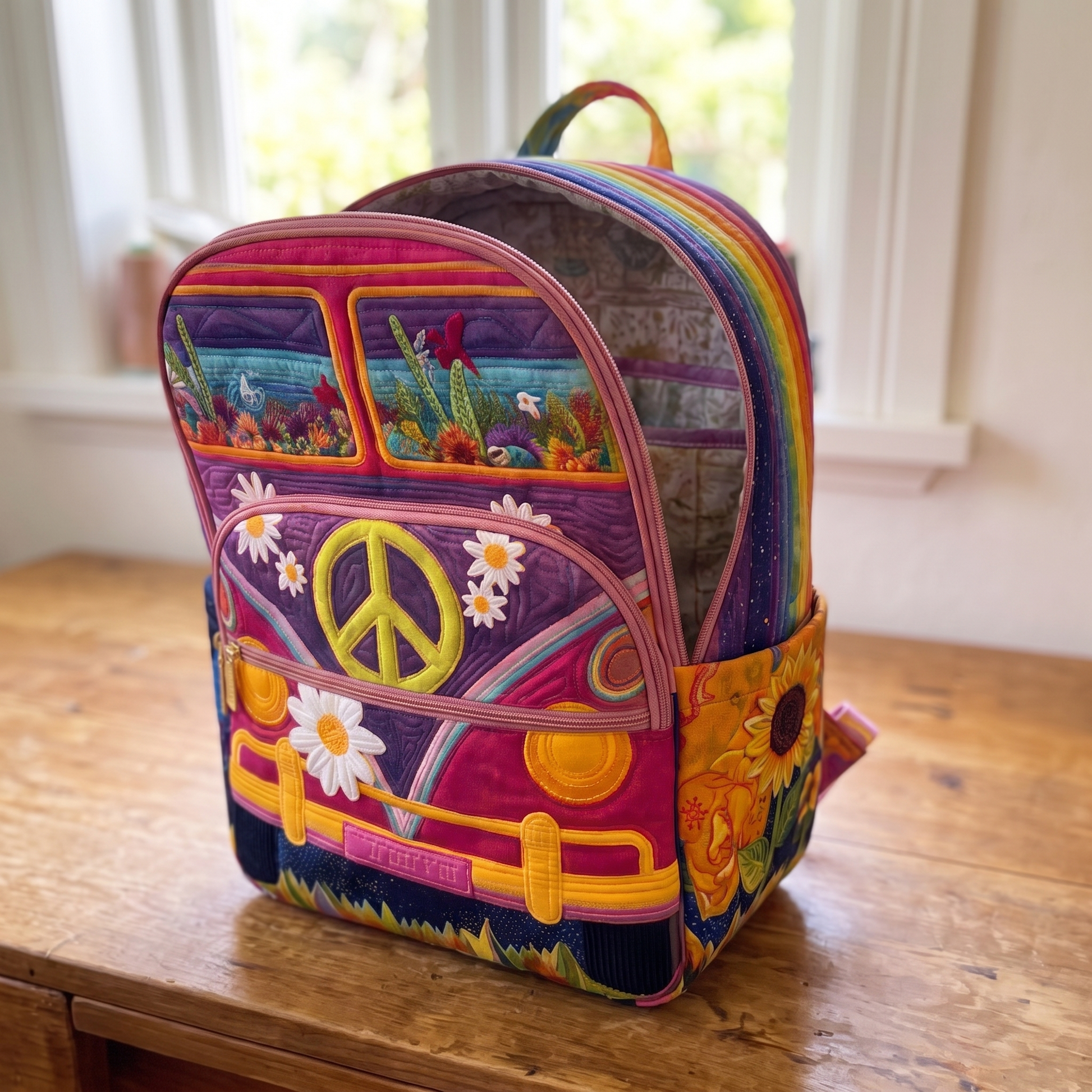 Hippie Bus Backpack opened, showing the roomy main compartment