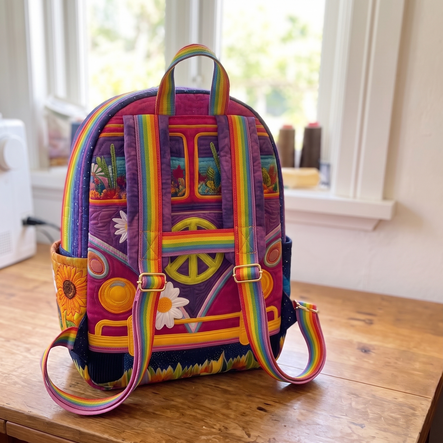 Hippie Bus Backpack back view with padded straps and trolley loop