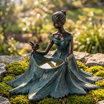 Bronze leaf-maiden bird bath on moss at a garden edge
