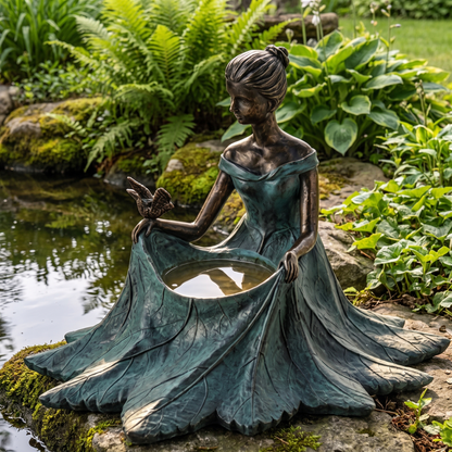 Bronze leaf-maiden bird bath at the edge of a garden pond