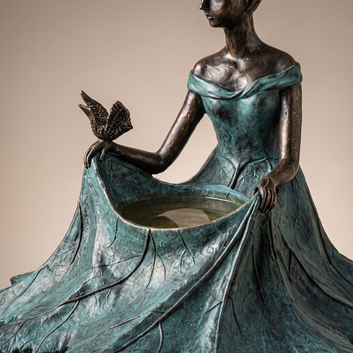 Close-up of the verdigris patina and cast bronze leaves