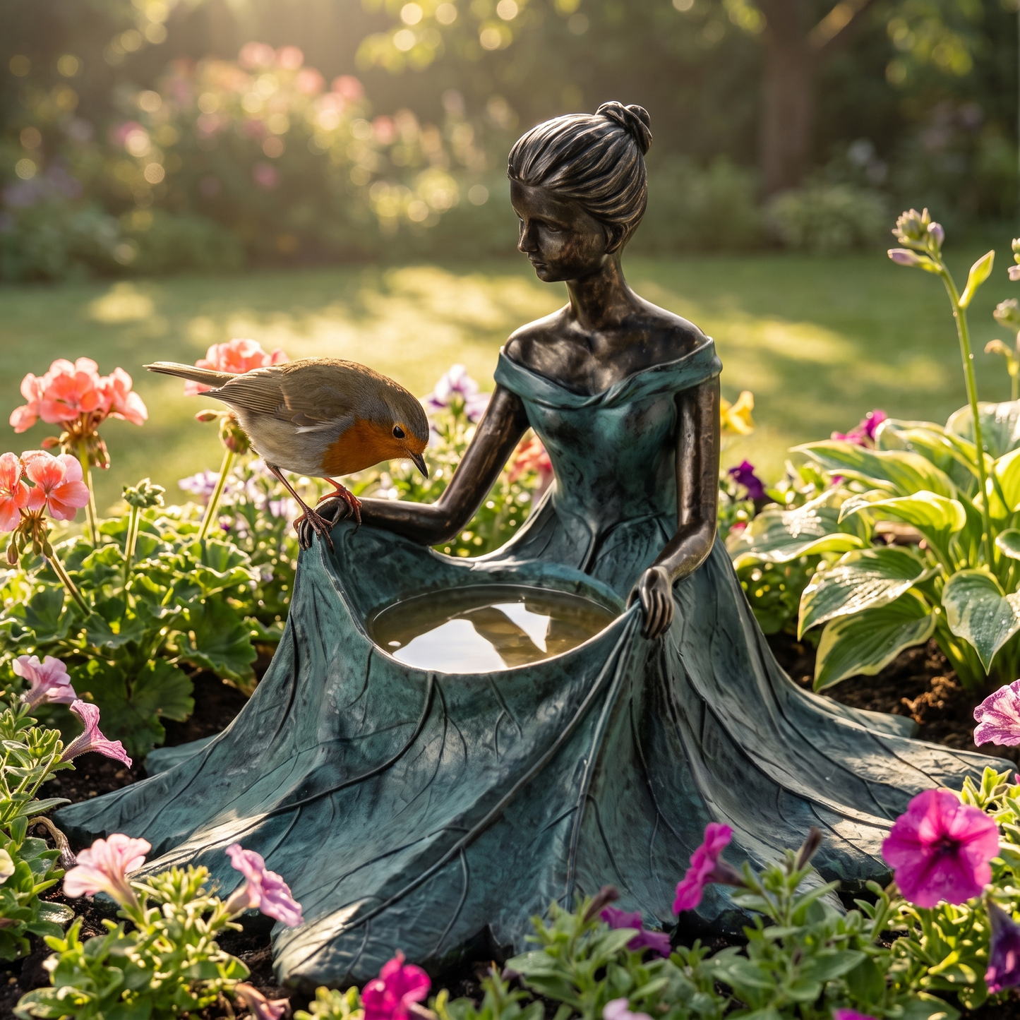 Bronze leaf-maiden bird bath with a robin in a flower bed