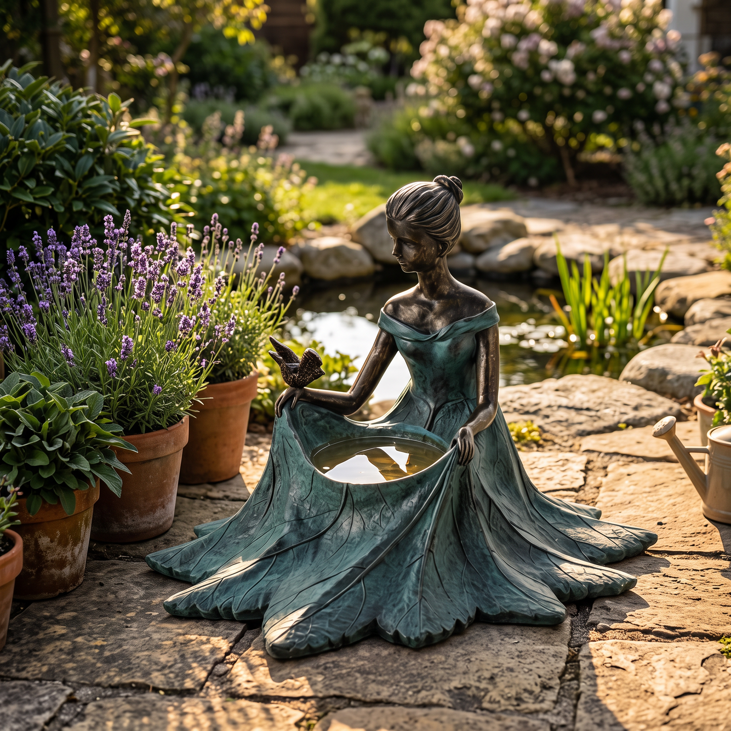 Bronze leaf-maiden bird bath on a patio beside lavender