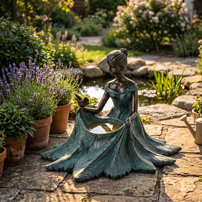 Bronze leaf-maiden bird bath on a patio beside lavender
